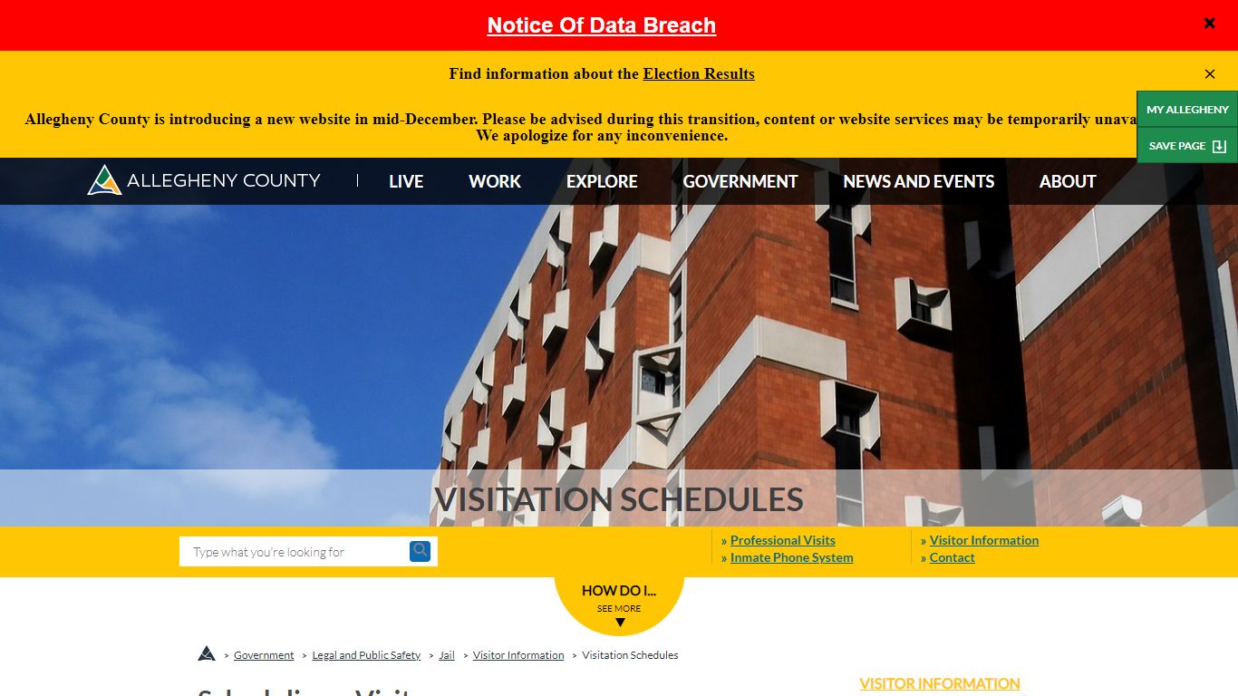 Jail | Visitation Schedules | Allegheny County
